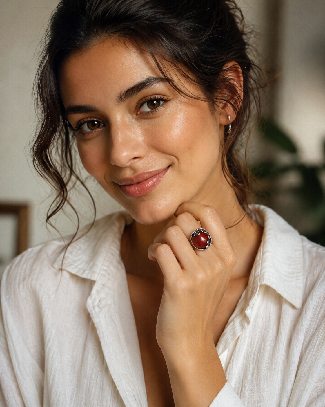 Model wearing Raw Amber Sterling Silver One-of-a-Kind Ring with vintage silver styling