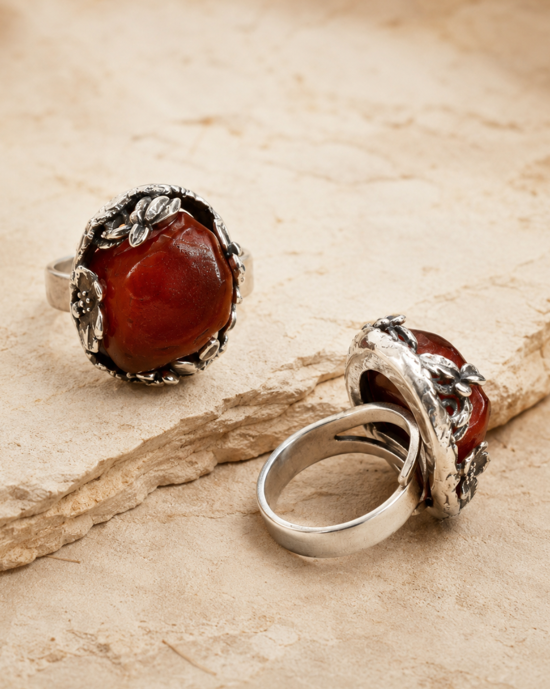 Raw Amber Sterling Silver One-of-a-Kind Ring adjustable band and oxidized sterling silver floral detail