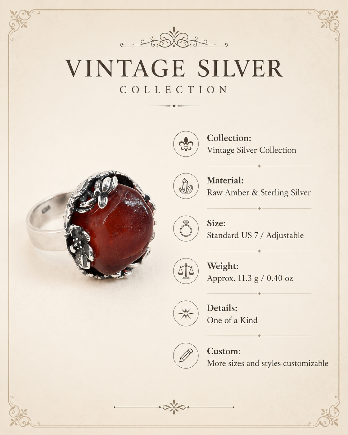 Raw Amber Sterling Silver One-of-a-Kind Ring size and material guide