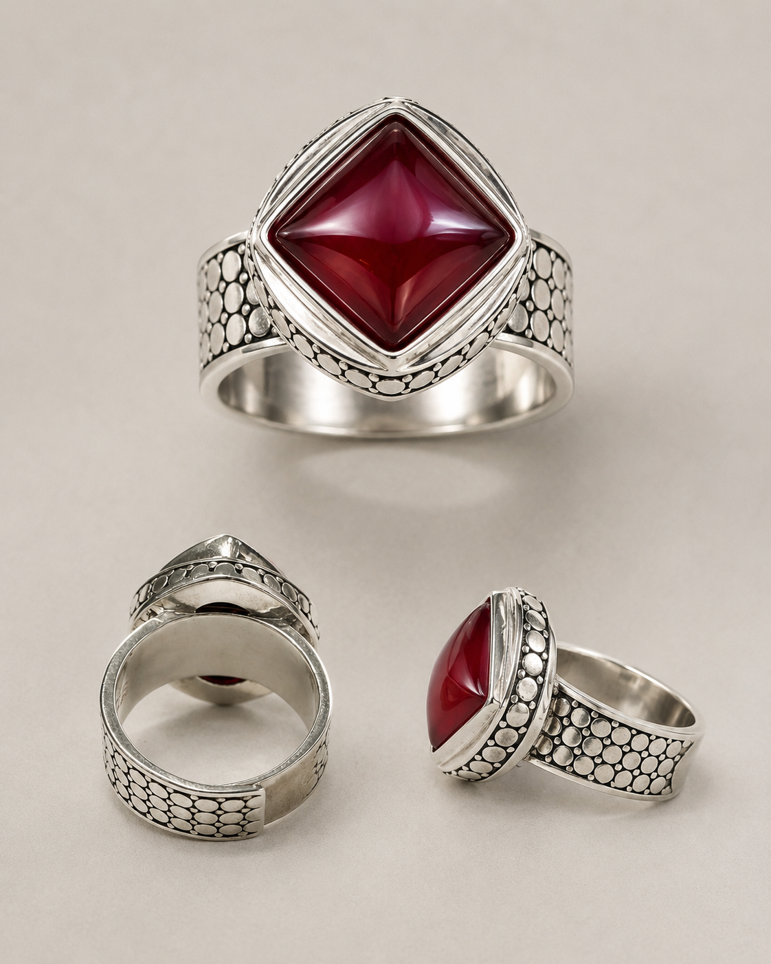 Ruby Sterling Silver Statement Ring thickened sterling silver shank and oxidized texture detail