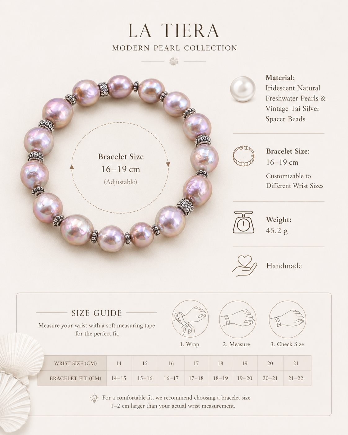 Serena Iridescent Freshwater Pearl Bracelet size and material guide