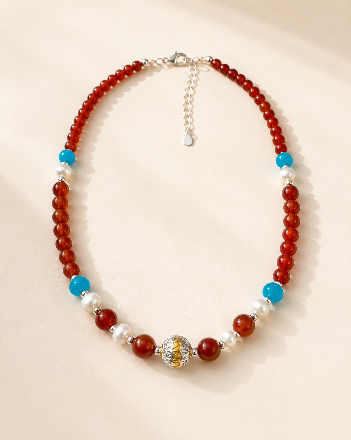 Solana Red Agate & Pearl Beaded Necklace full product view by La Tiera