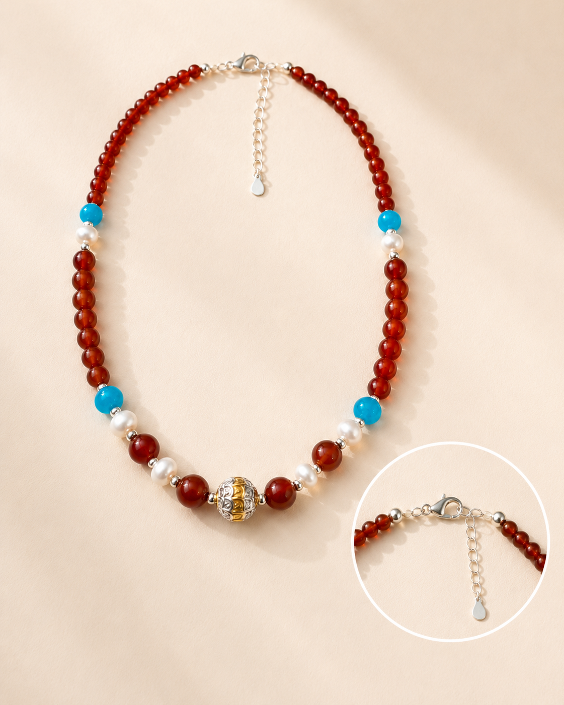 Solana Red Agate & Pearl Beaded Necklace clasp and extension chain detail