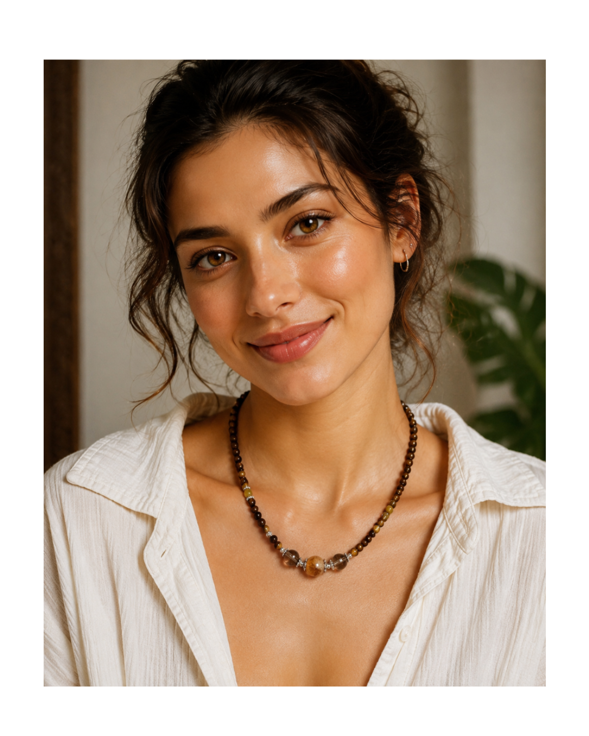 Model wearing Tiger’s Eye & Amber Beaded Layering Necklace with summer linen outfit