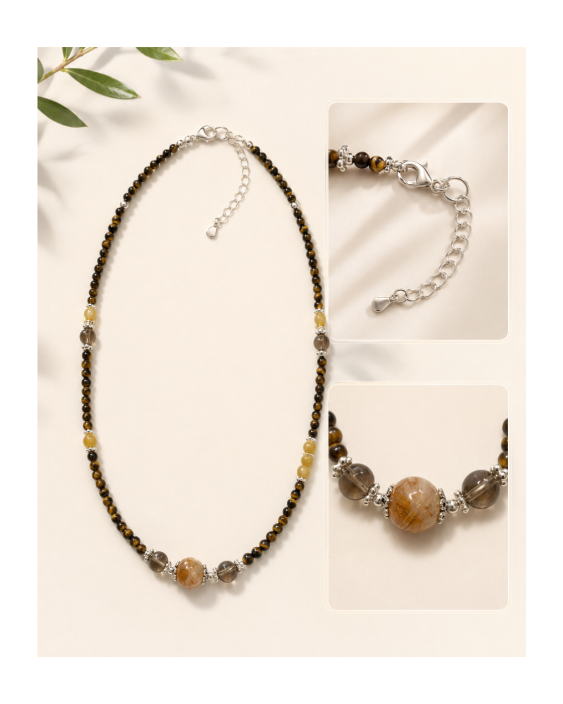 Tiger’s Eye & Amber Beaded Layering Necklace lobster clasp and adjustable extension chain detail