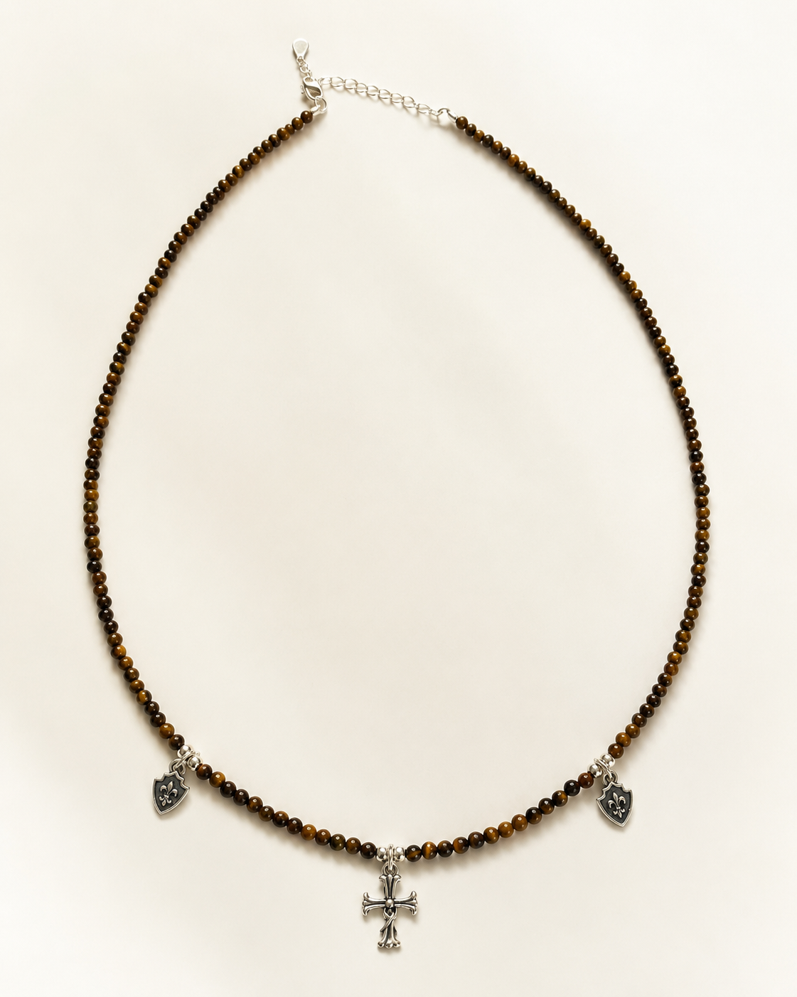 Tiger’s Eye Cross Charm Beaded Necklace full product view by La Tiera