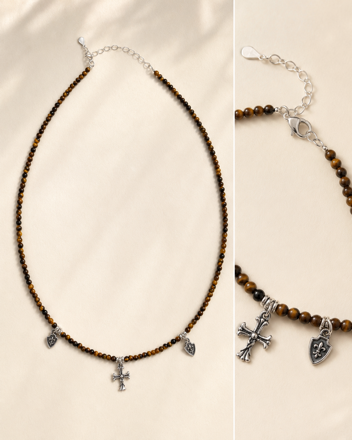 Tiger’s Eye Cross Charm Beaded Necklace lobster clasp, adjustable chain, and charm detail