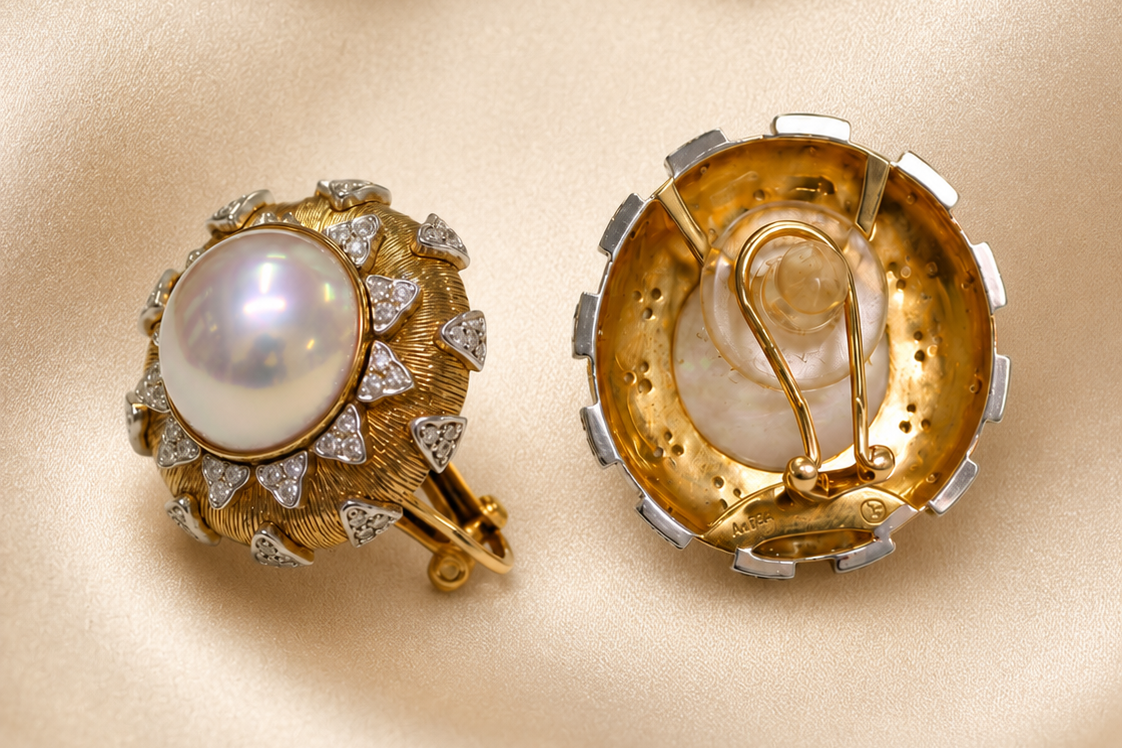 Mabe Pearl Statement Clip Earrings back structure and secure clip-style closure detail