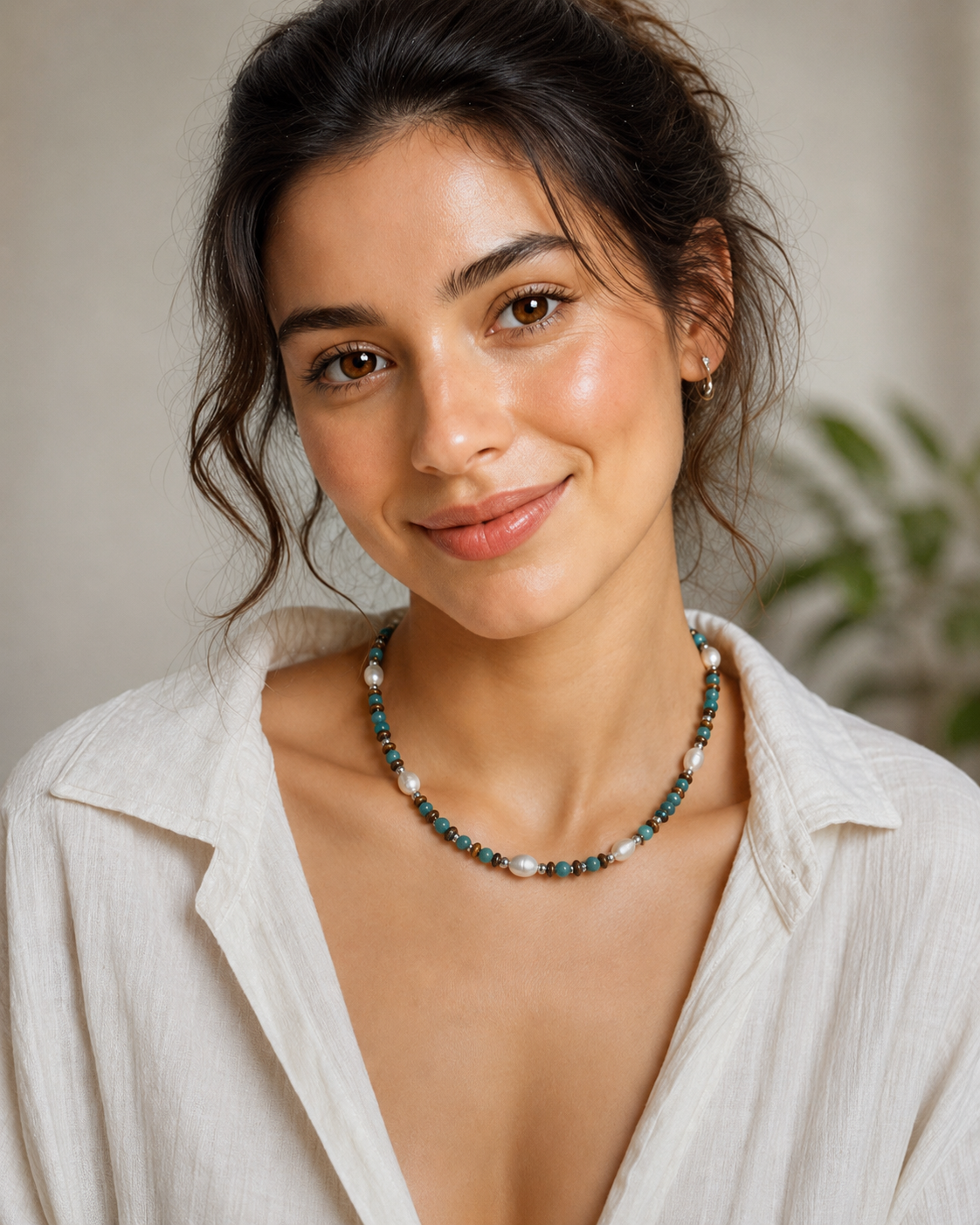 Model wearing Amazonite Pearl Beaded Layering Necklace with soft summer outfit