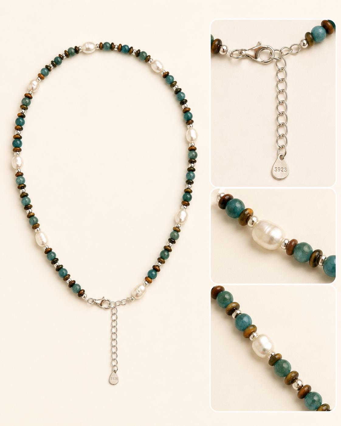 Amazonite Pearl Beaded Layering Necklace lobster clasp and adjustable extension chain detail