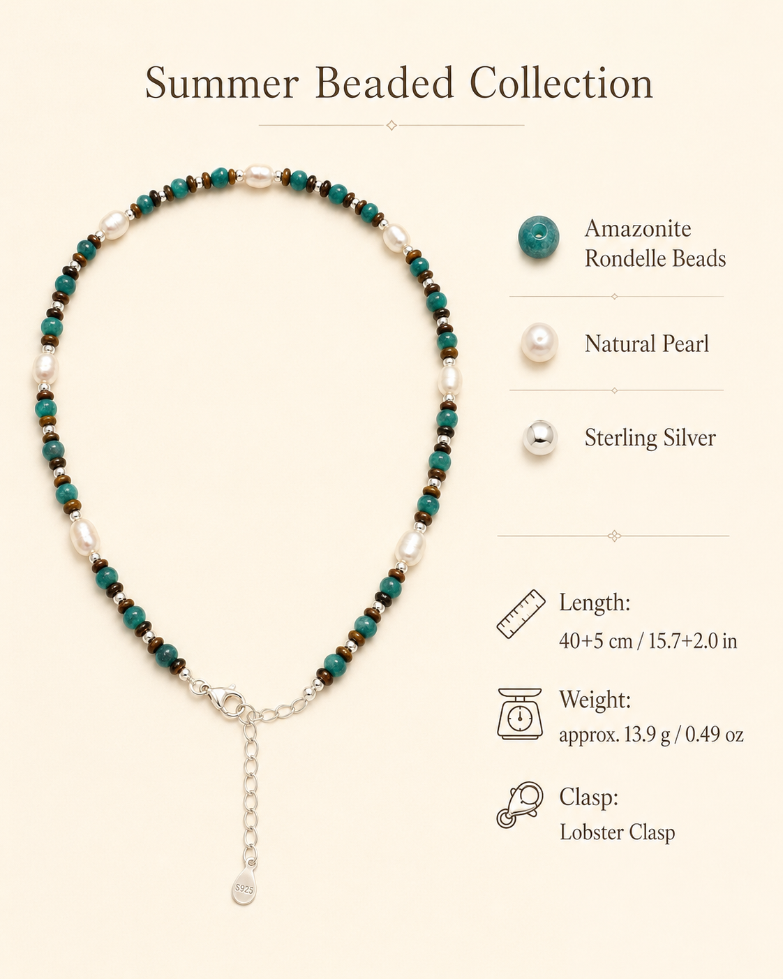 Amazonite Pearl Beaded Layering Necklace size and material guide