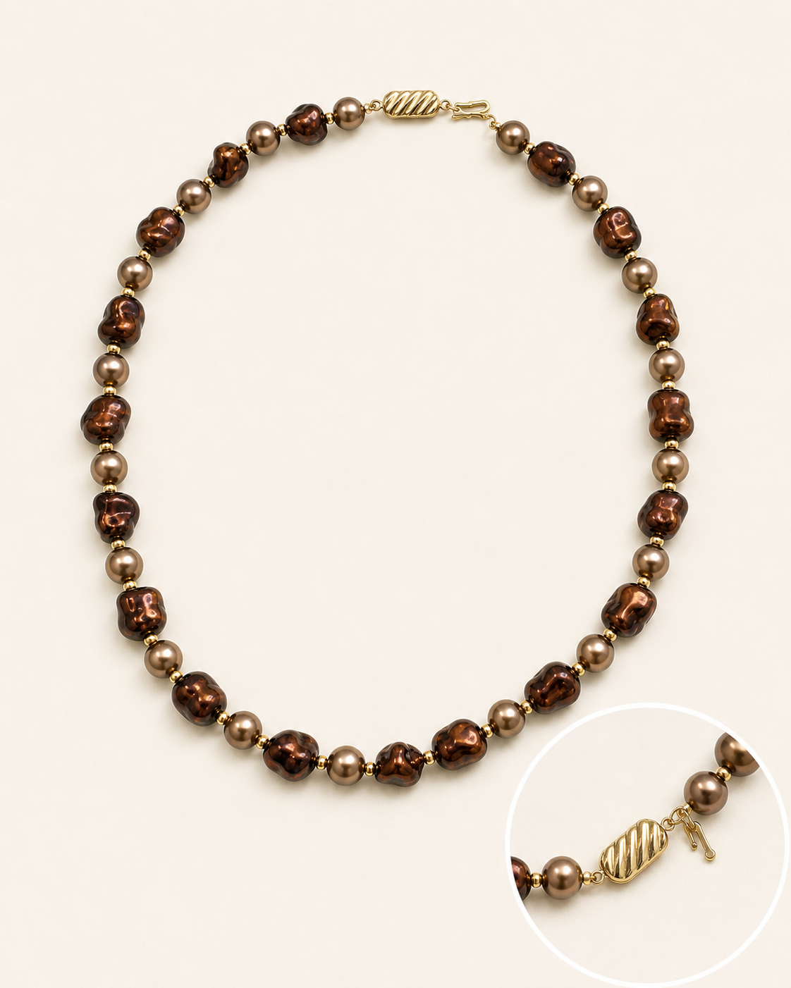 Aurelia Bronze Baroque Shell Pearl Necklace insert clasp, hooked safety catch, and gold-tone spacer bead detail