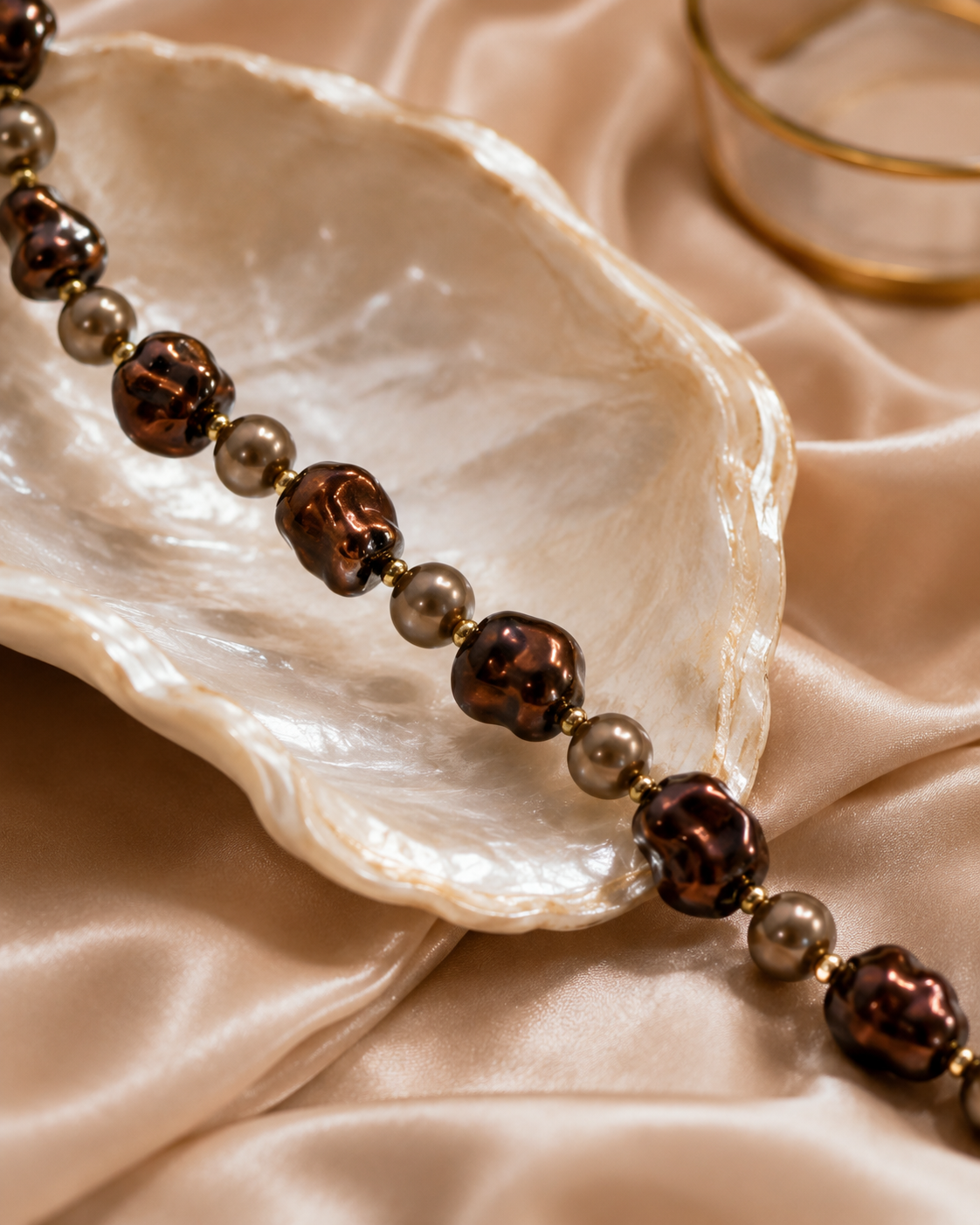 Close-up of bronze-toned baroque shell pearls and gold-tone spacer beads in Aurelia Bronze Baroque Shell Pearl Necklace