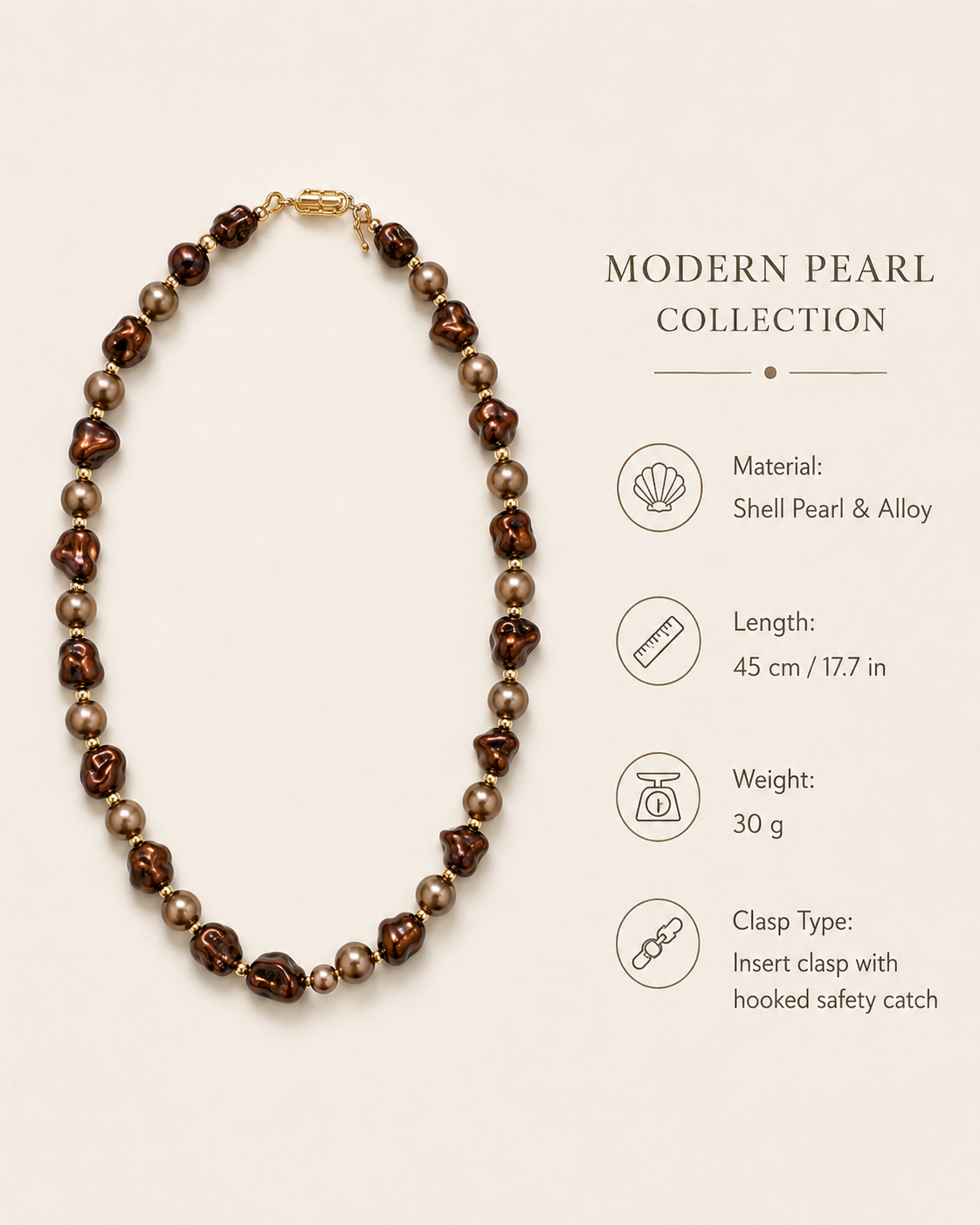 Aurelia Bronze Baroque Shell Pearl Necklace size and material guide