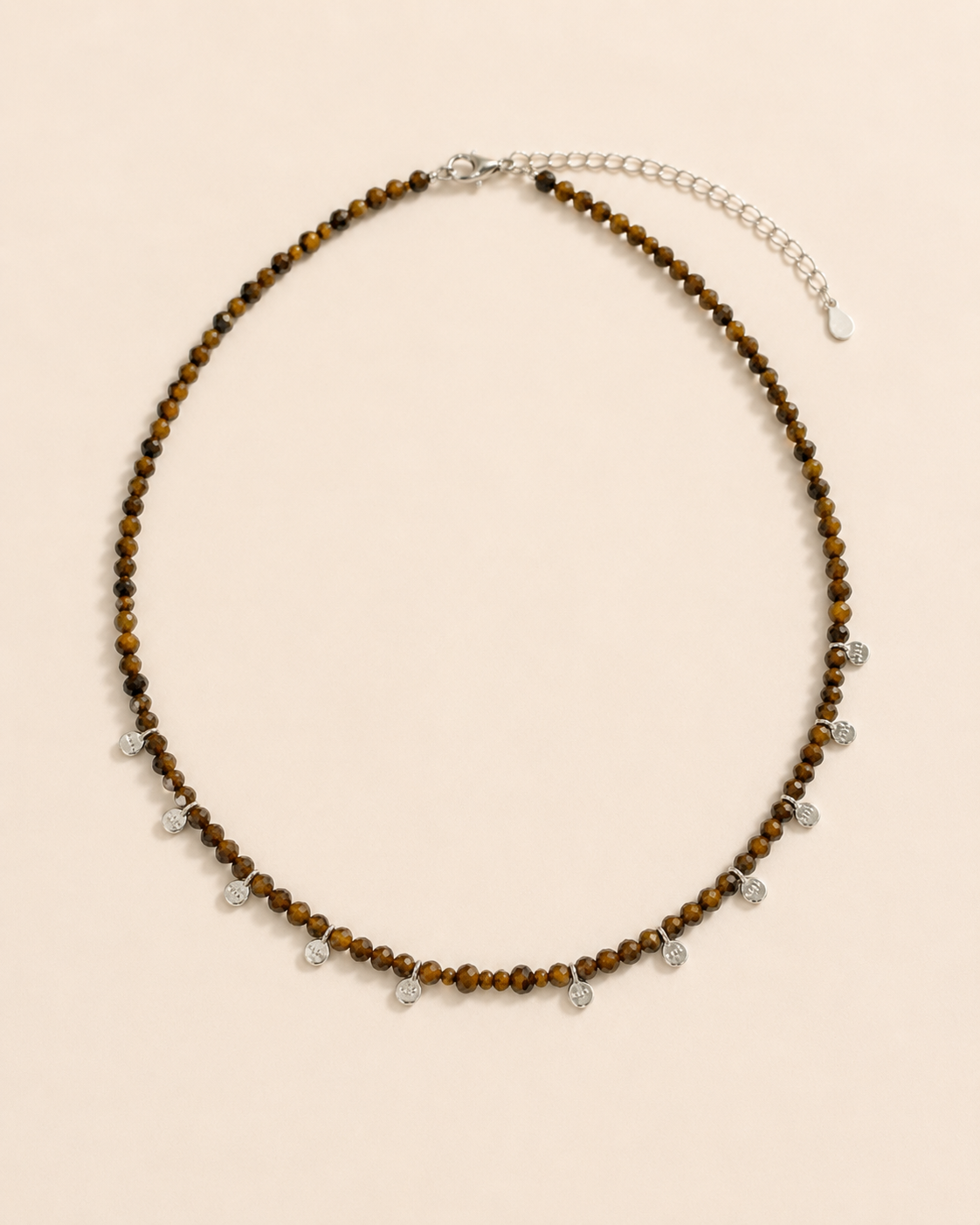 Aurelia Tiger’s Eye Sterling Silver Charm Necklace full product view by La Tiera