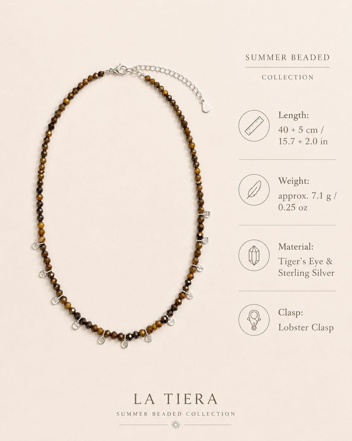 Aurelia Tiger’s Eye Sterling Silver Charm Necklace size and material guide