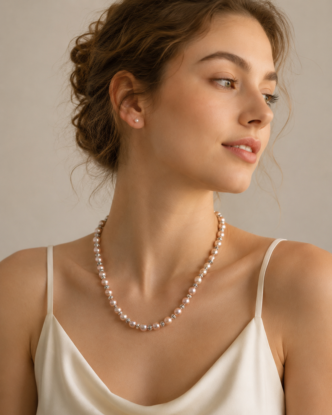 Model wearing Aurora Champagne Freshwater Pearl Necklace with ivory knit and romantic pearl styling