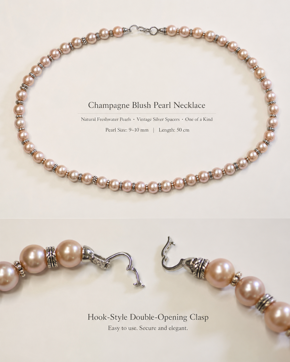 Aurora Champagne Freshwater Pearl Necklace double-opening connector clasp and vintage silver spacer bead detail