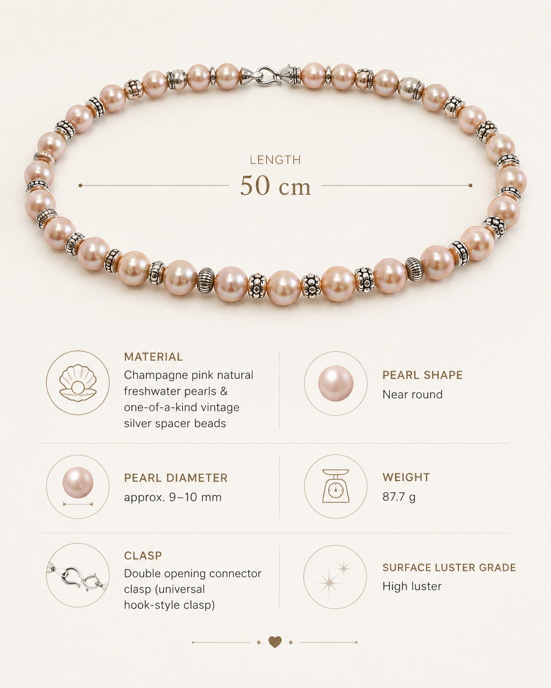 Aurora Champagne Freshwater Pearl Necklace size and material guide
