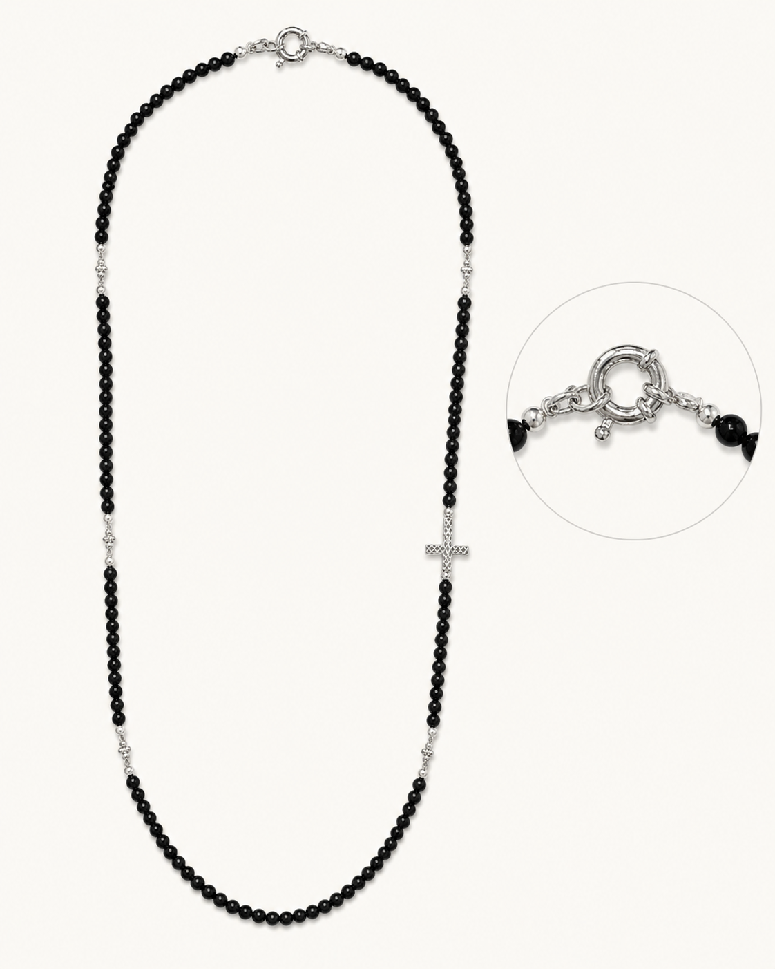Black Spinel Sterling Silver Cross Necklace spring ring clasp and sterling silver cross detail
