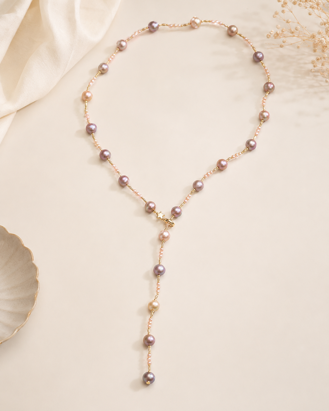 Celeste Baroque Freshwater Pearl Lariat Necklace full product view by La Tiera
