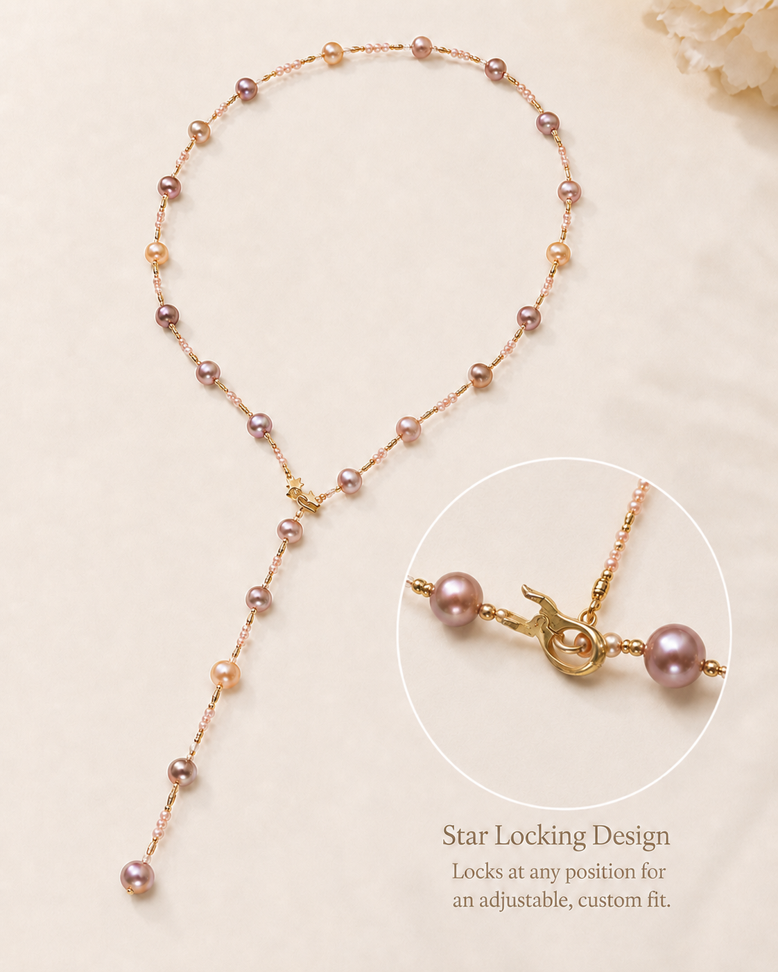Close-up of baroque freshwater pearls, seed bead spacers, and gold-plated silver details in Celeste Baroque Freshwater Pearl Lariat Necklace