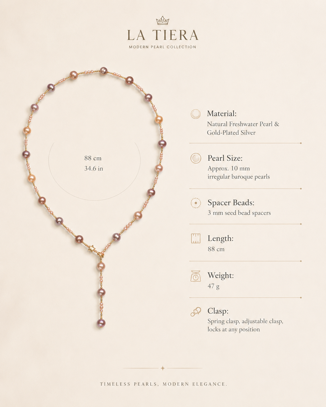 Celeste Baroque Freshwater Pearl Lariat Necklace size and material guide