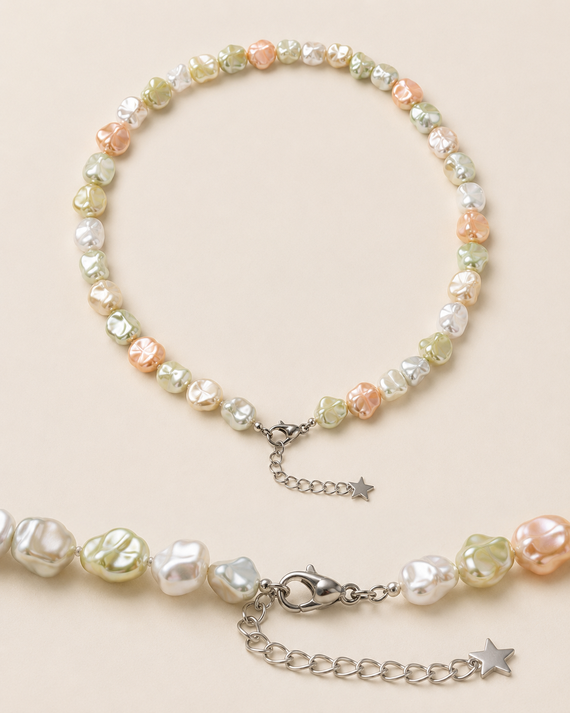 Celeste Pastel Shell Pearl Charm Necklace alloy lobster clasp, adjustable chain, and star charm detail