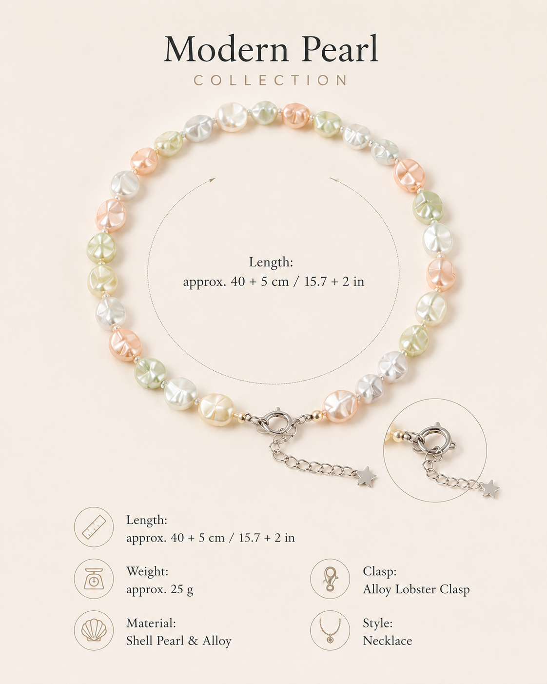Celeste Pastel Shell Pearl Charm Necklace size and material guide