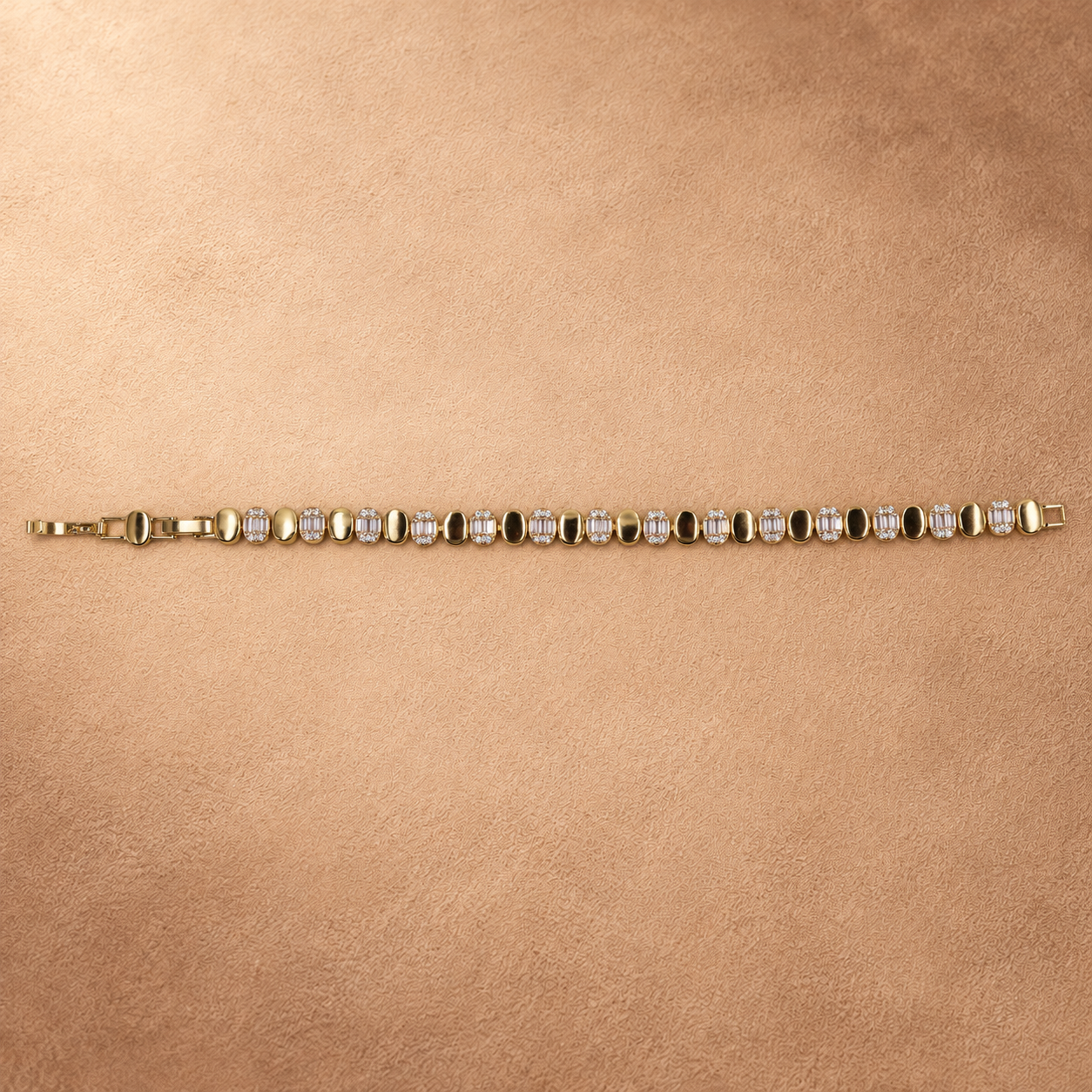 Full-length view of the Dalia bracelet laid straight with the clasp open and alternating polished oval links and clear accents.