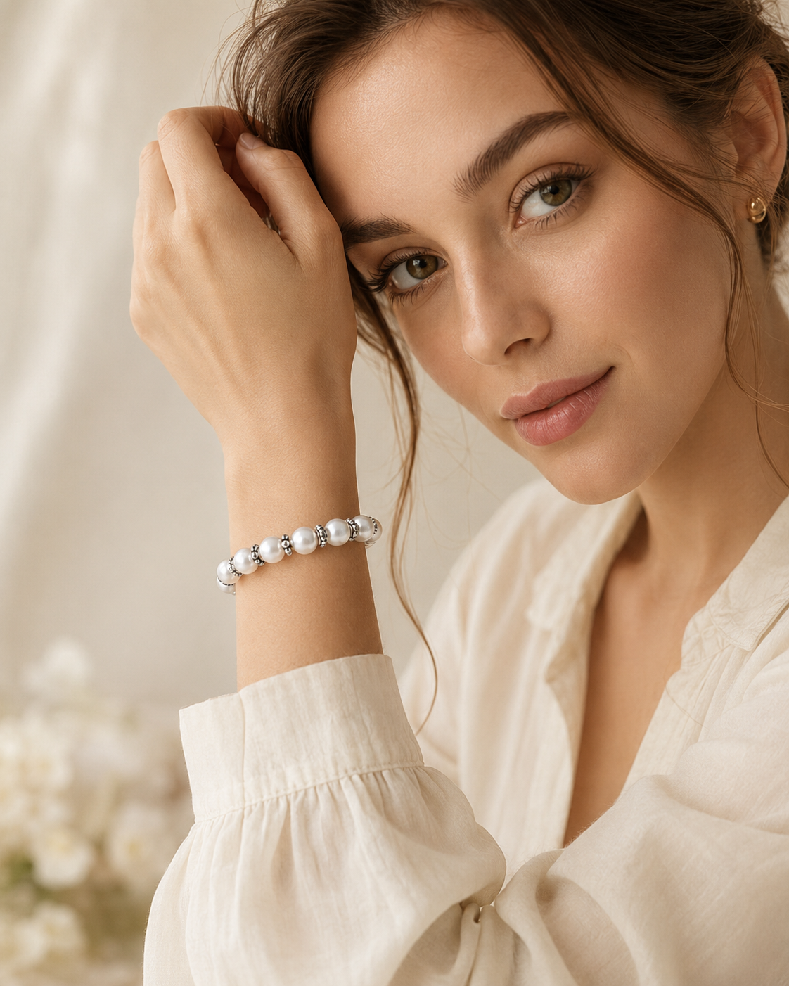Model wearing Elara Freshwater Pearl Sterling Silver Bracelet with ivory blouse and modern pearl styling