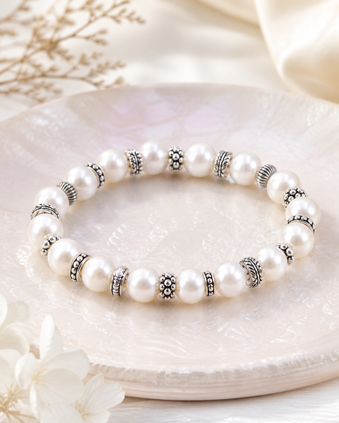 Elara Freshwater Pearl Sterling Silver Bracelet adjustable fit and vintage sterling silver spacer bead detail