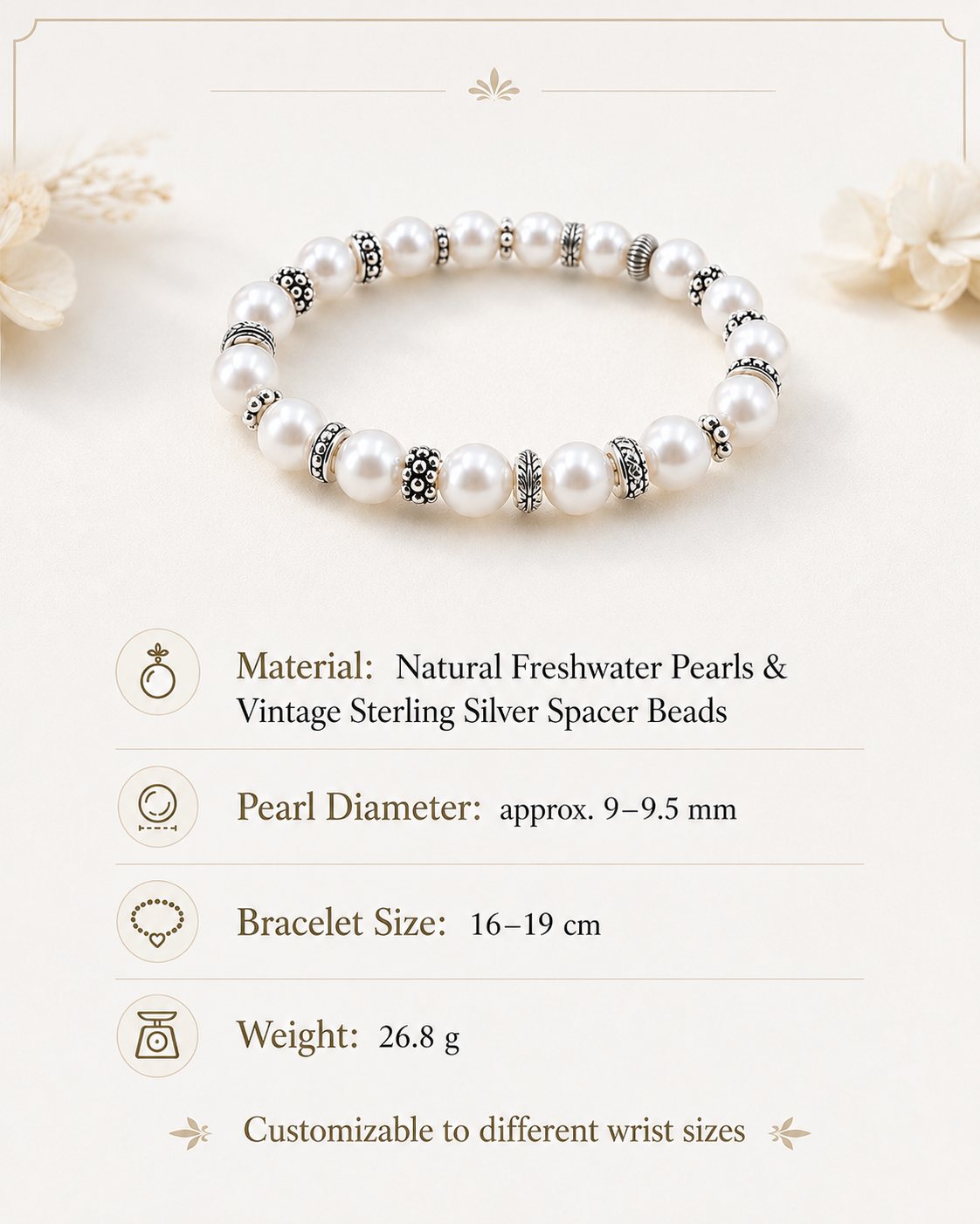 Elara Freshwater Pearl Sterling Silver Bracelet size and material guide