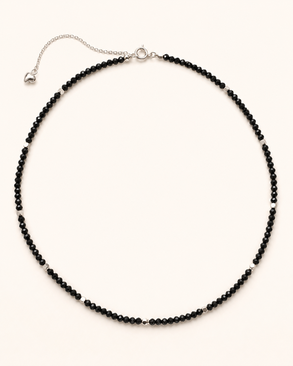 Faceted Black Spinel Sterling Silver Long Necklace full product view by La Tiera