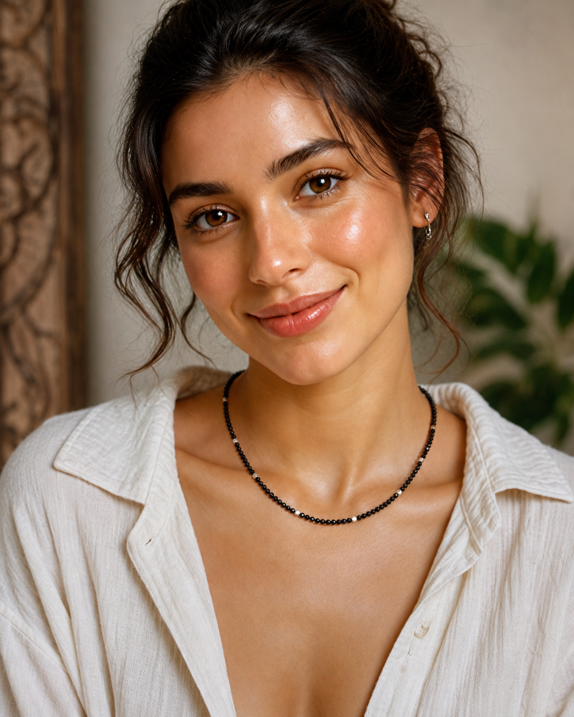 Model wearing Faceted Black Spinel Sterling Silver Long Necklace with white linen summer outfit