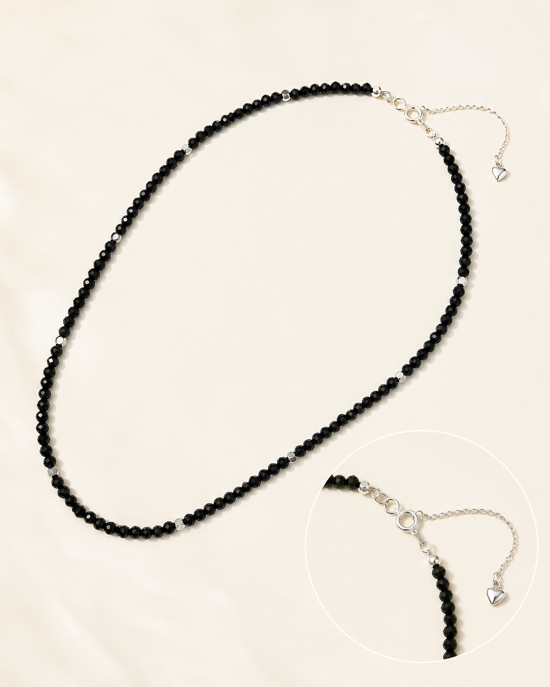 Faceted Black Spinel Sterling Silver Long Necklace spring ring clasp and sterling silver spacer detail