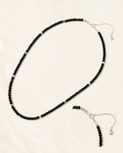 Faceted Black Spinel Sterling Silver Long Necklace spring ring clasp and sterling silver spacer detail