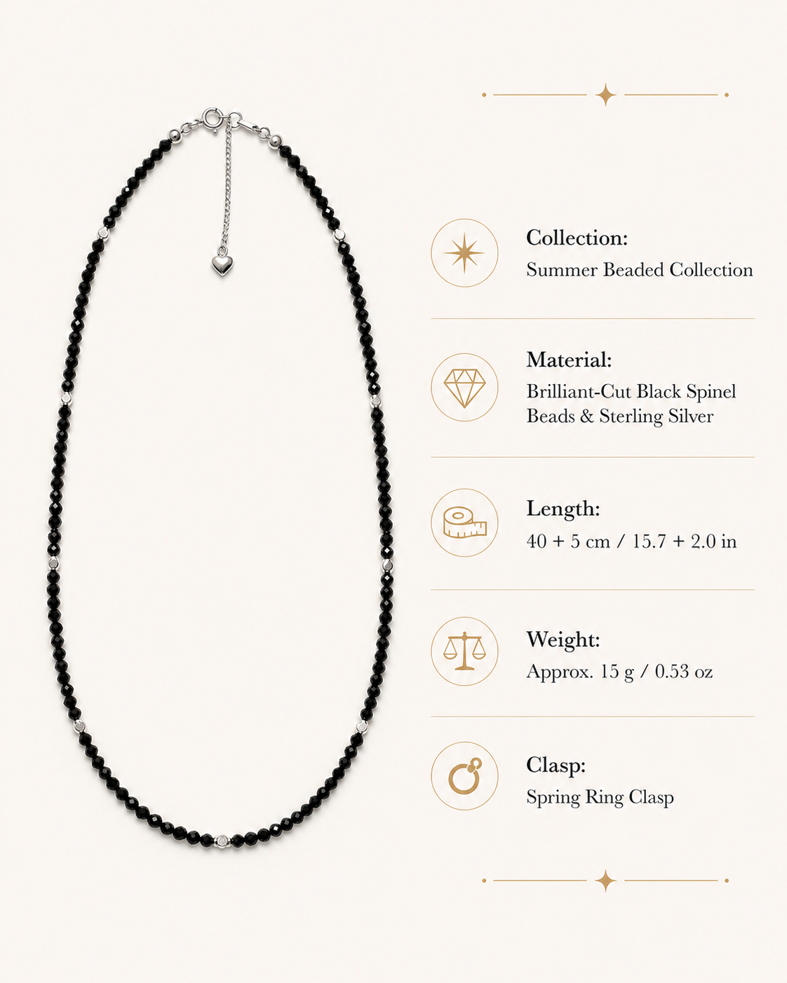 Faceted Black Spinel Sterling Silver Long Necklace size and material guide
