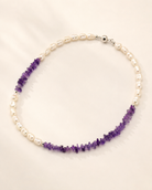 Freshwater Pearl Amethyst Asymmetric Necklace full product view by La Tiera