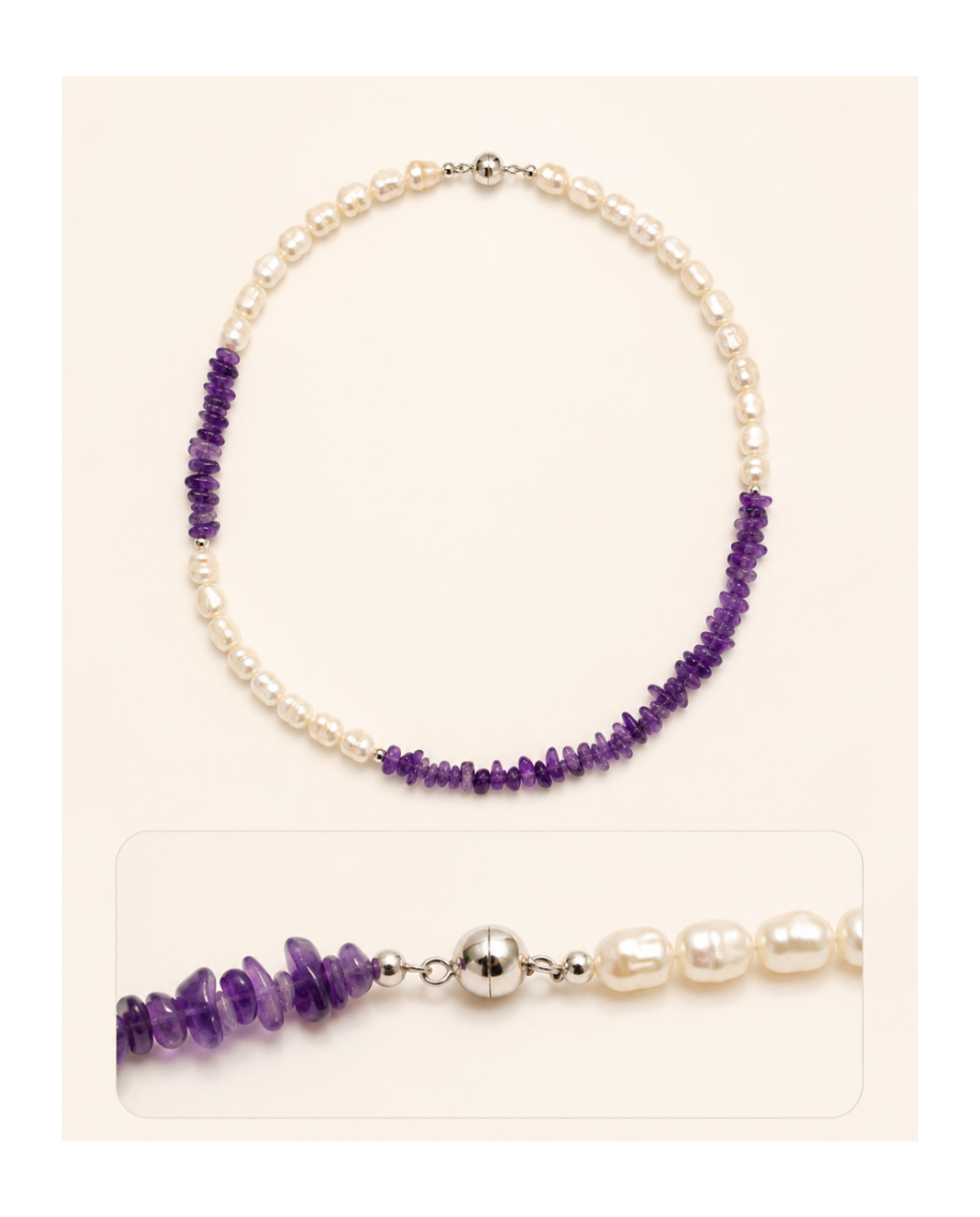 Freshwater Pearl Amethyst Asymmetric Necklace sterling silver magnetic clasp and spacer bead detail
