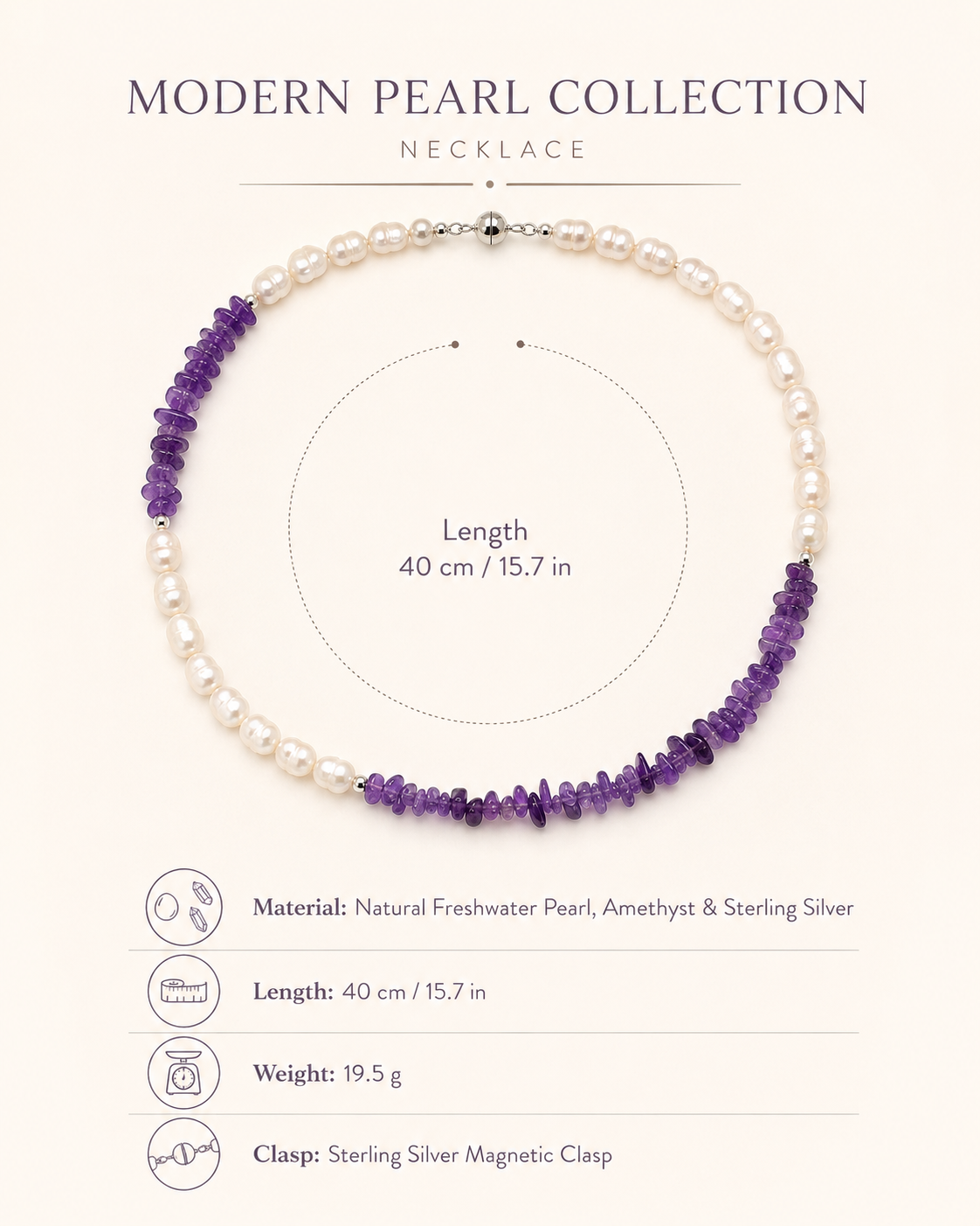 Freshwater Pearl Amethyst Asymmetric Necklace size and material guide