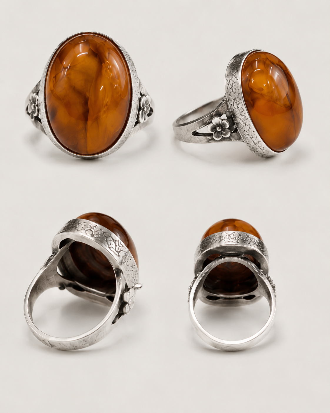 Golden Amber Sterling Silver Adjustable Ring adjustable open band and textured sterling silver bezel detail