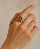 Close-up of polished golden-brown amber and sculptural sterling silver setting in Golden Amber Sterling Silver Adjustable Ring