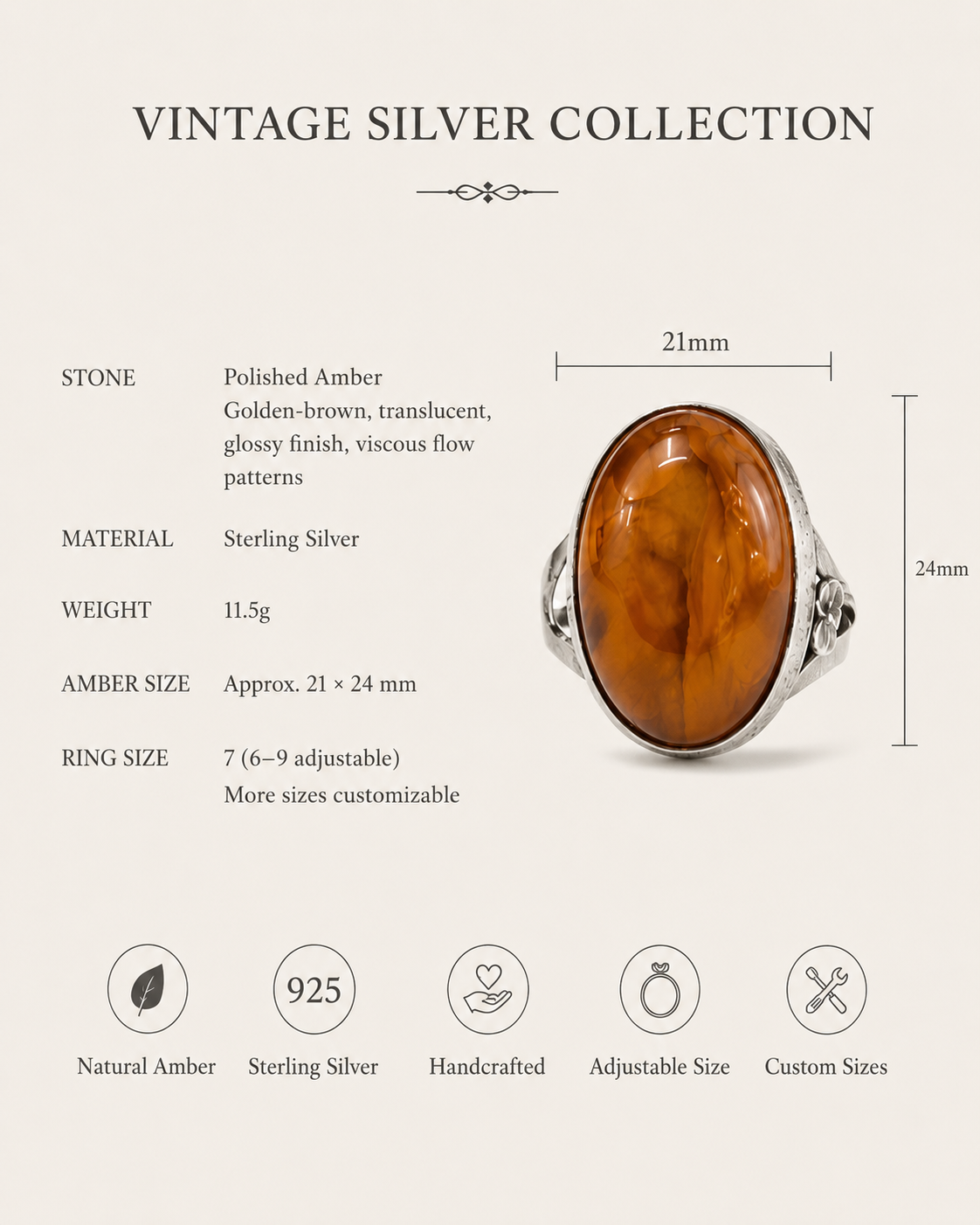 Golden Amber Sterling Silver Adjustable Ring size and material guide