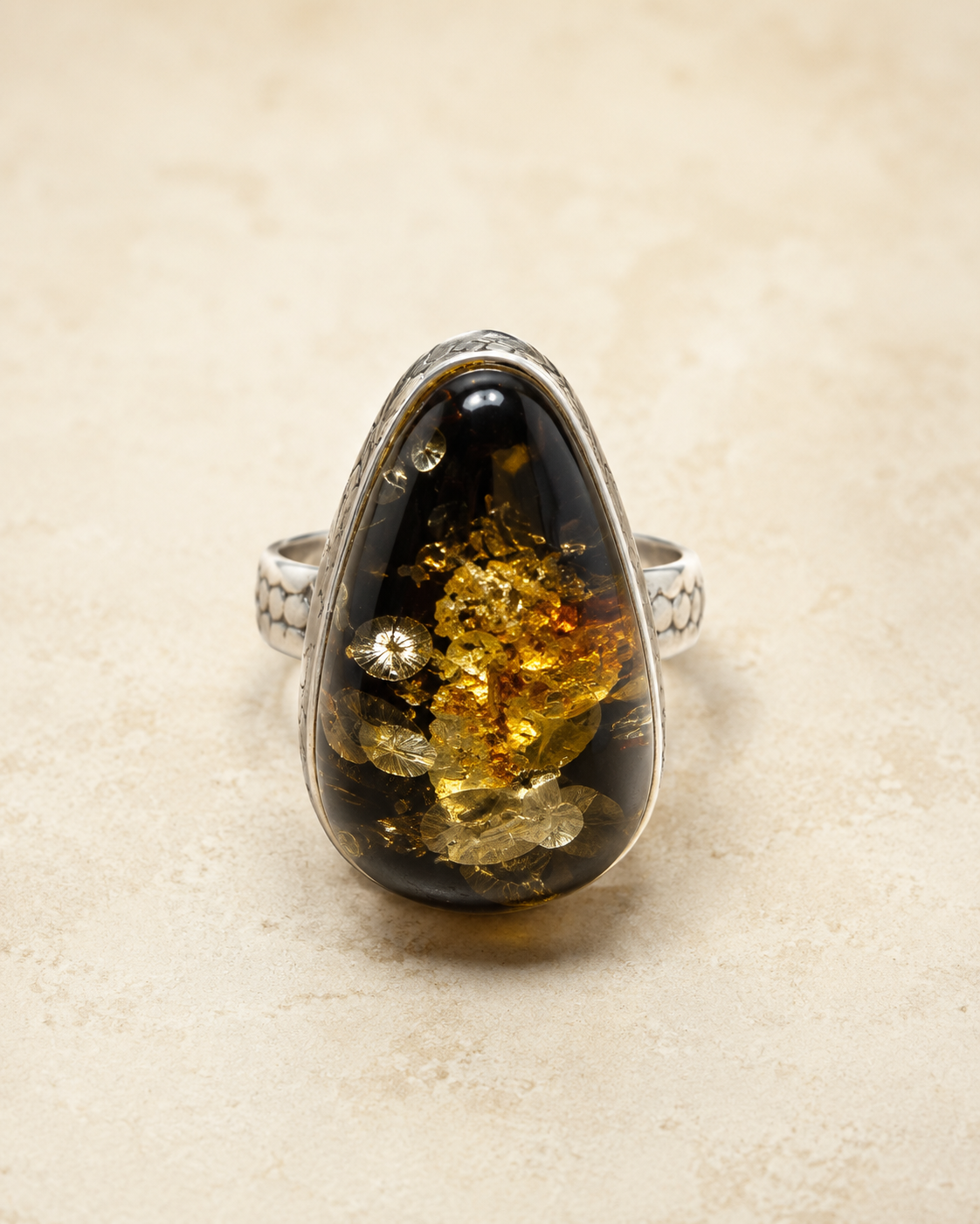 Golden Flower Amber Sterling Silver Sculptural Ring full product view by La Tiera