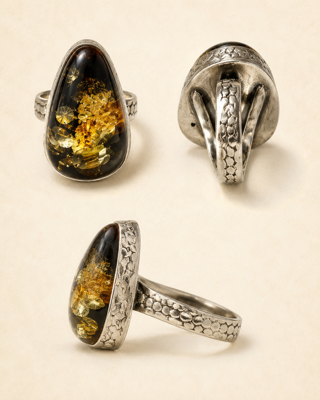 Golden Flower Amber Sterling Silver Sculptural Ring sculptural band and textured sterling silver setting detail