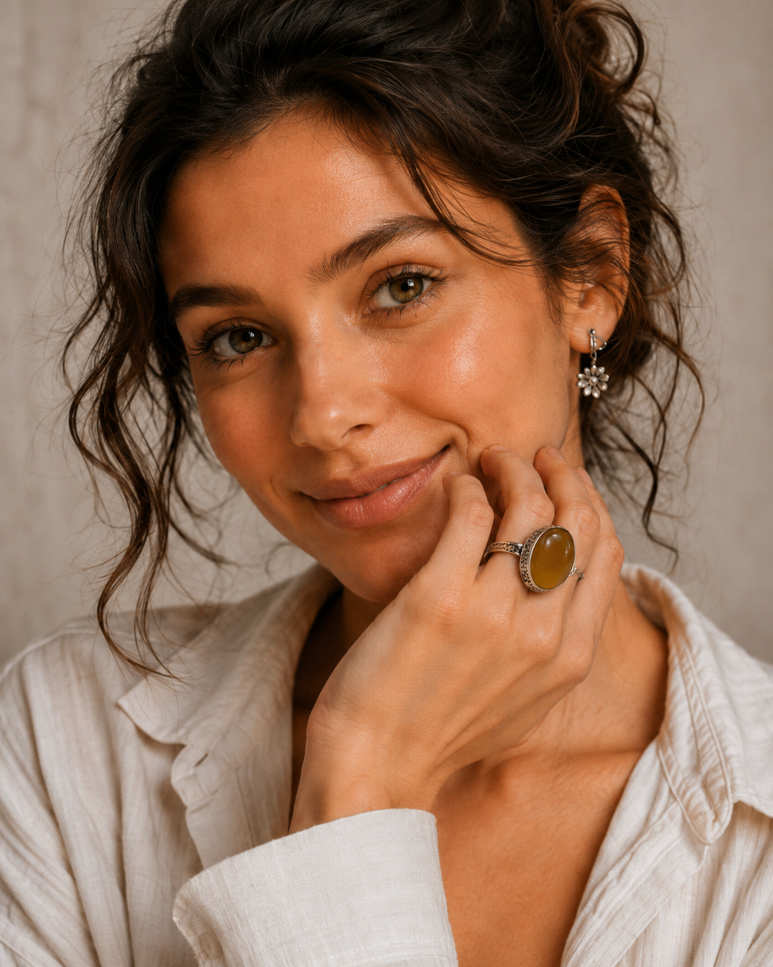 Model wearing Honey Amber Sterling Silver Statement Ring with vintage silver styling