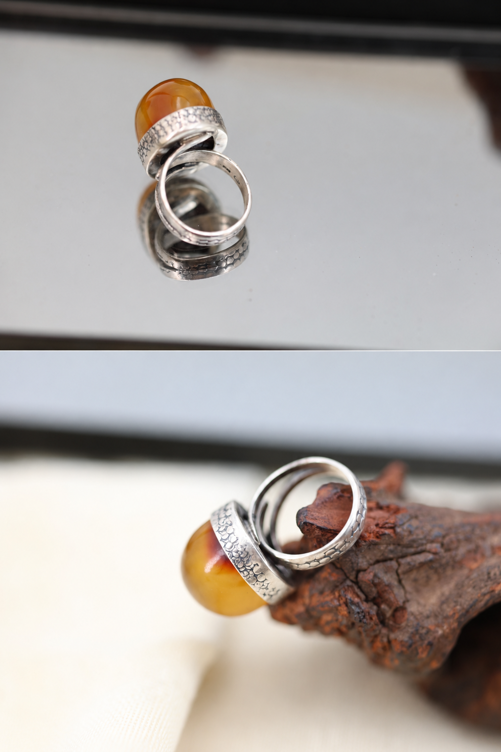 Honey Amber Sterling Silver Statement Ring adjustable open band and textured sterling silver bezel detail