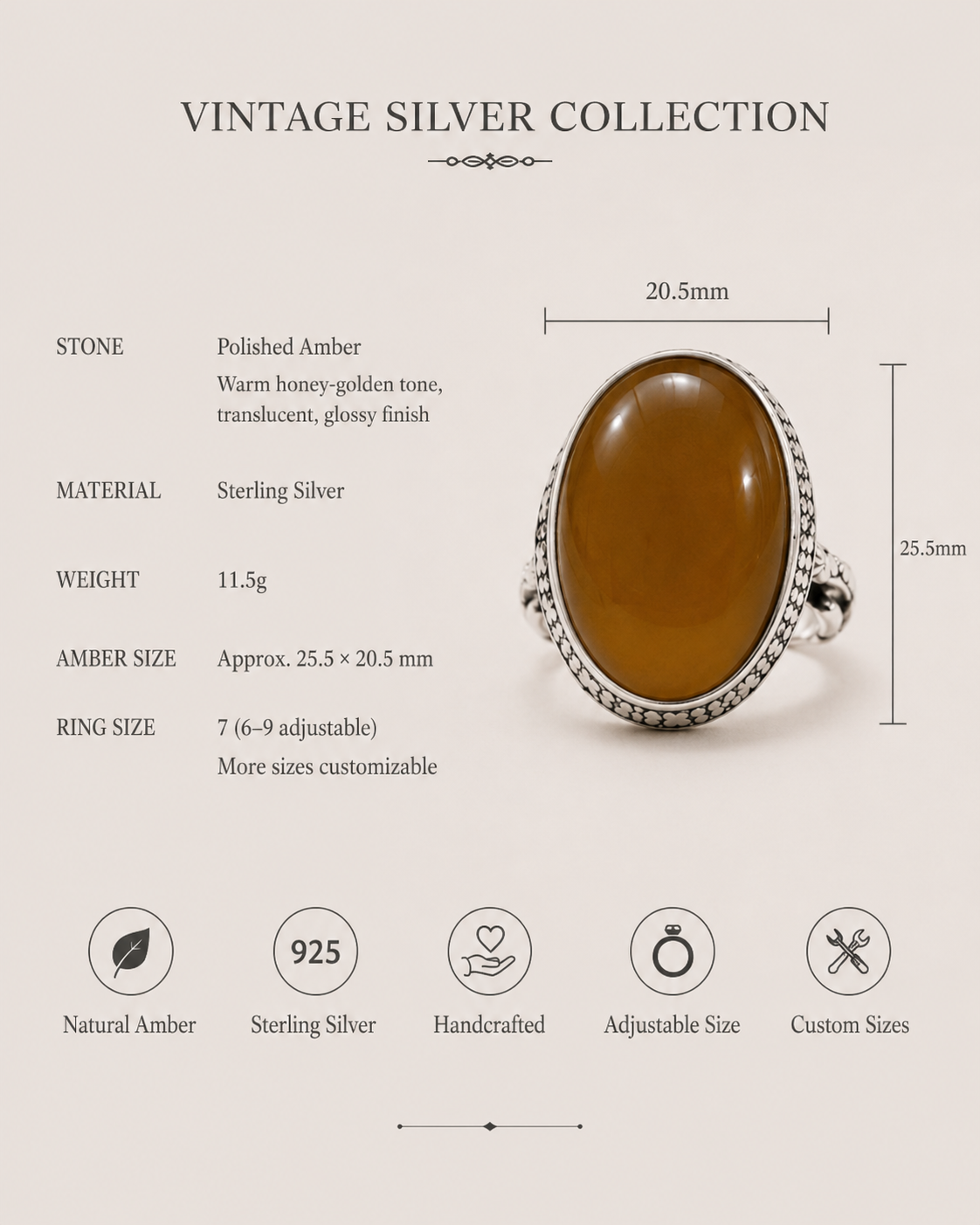 Honey Amber Sterling Silver Statement Ring size and material guide