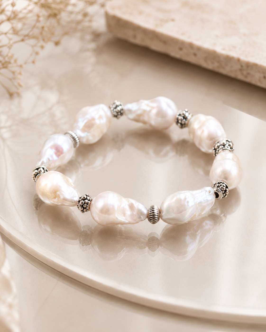 Irregular Freshwater Pearl Sterling Silver Bracelet full product view by La Tiera